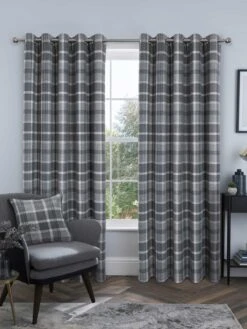 Grey Brushed Check Eyelet Curtains