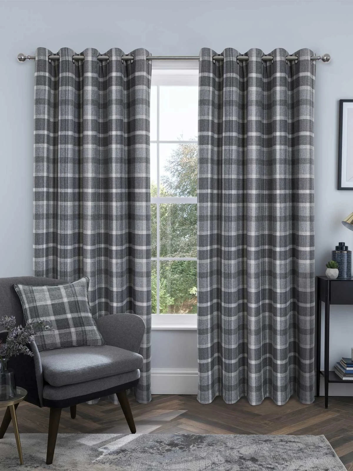Grey Brushed Check Eyelet Curtains 3 Grey Brushed Check Eyelet Curtains