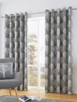 Charcoal Woodland Trees Eyelet Curtains