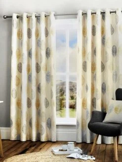 Ochre Skandi Leaf Eyelet Curtains