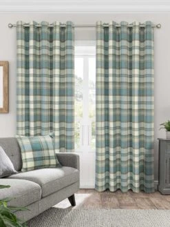 Teal Brushed Check Eyelet Curtains