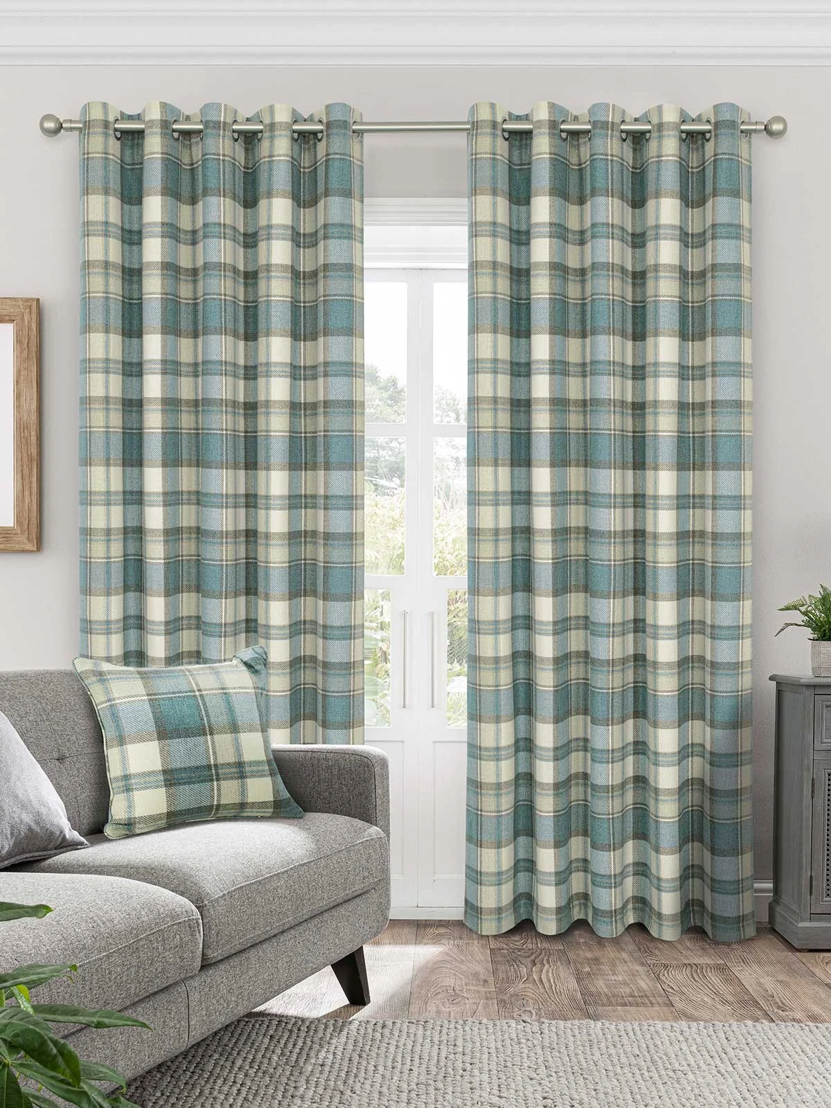 Teal Brushed Check Eyelet Curtains 3 Teal Brushed Check Eyelet Curtains