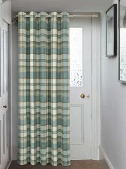 Teal Brushed Check Eyelet Door Curtain