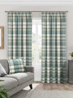 Teal Brushed Check Pencil Pleat Curtains