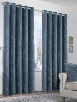 Blue Waffle Chenille Blackout Eyelet Curtains