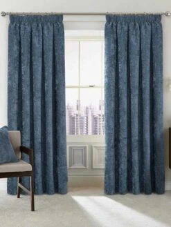 Blue Waffle Chenille Blackout Pencil Pleat Curtains