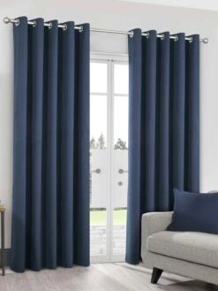 Navy Herringbone Blackout Eyelet Curtains