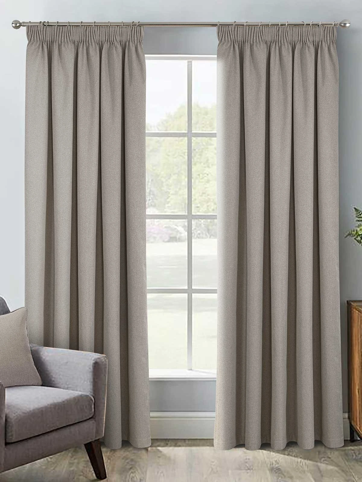 Natural Herringbone Blackout Pencil Pleat Curtains 3 Natural Herringbone Blackout Pencil Pleat Curtains