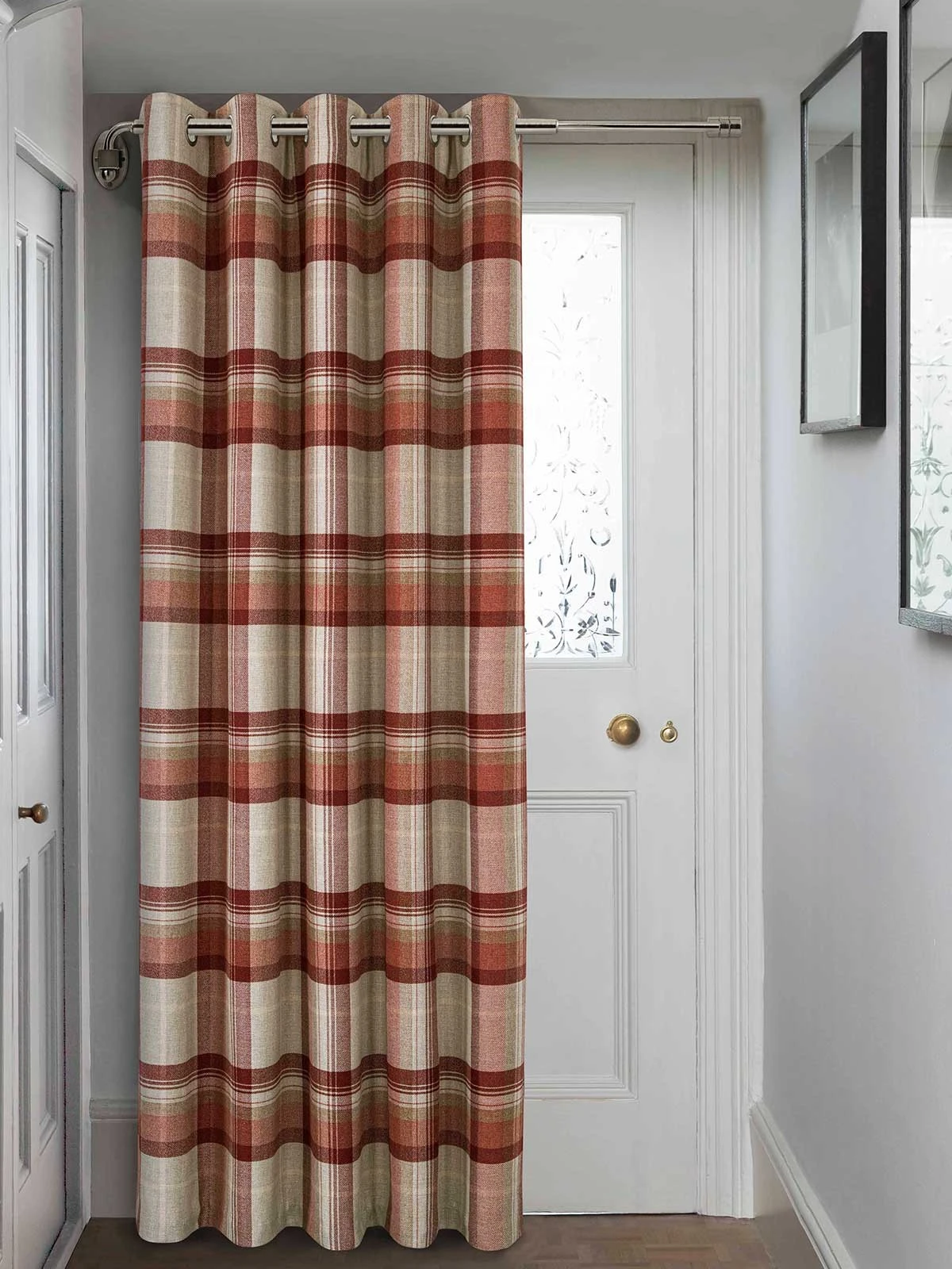 Red Highland Brushed Check Eyelet Door Curtain 3 Red Highland Brushed Check Eyelet Door Curtain