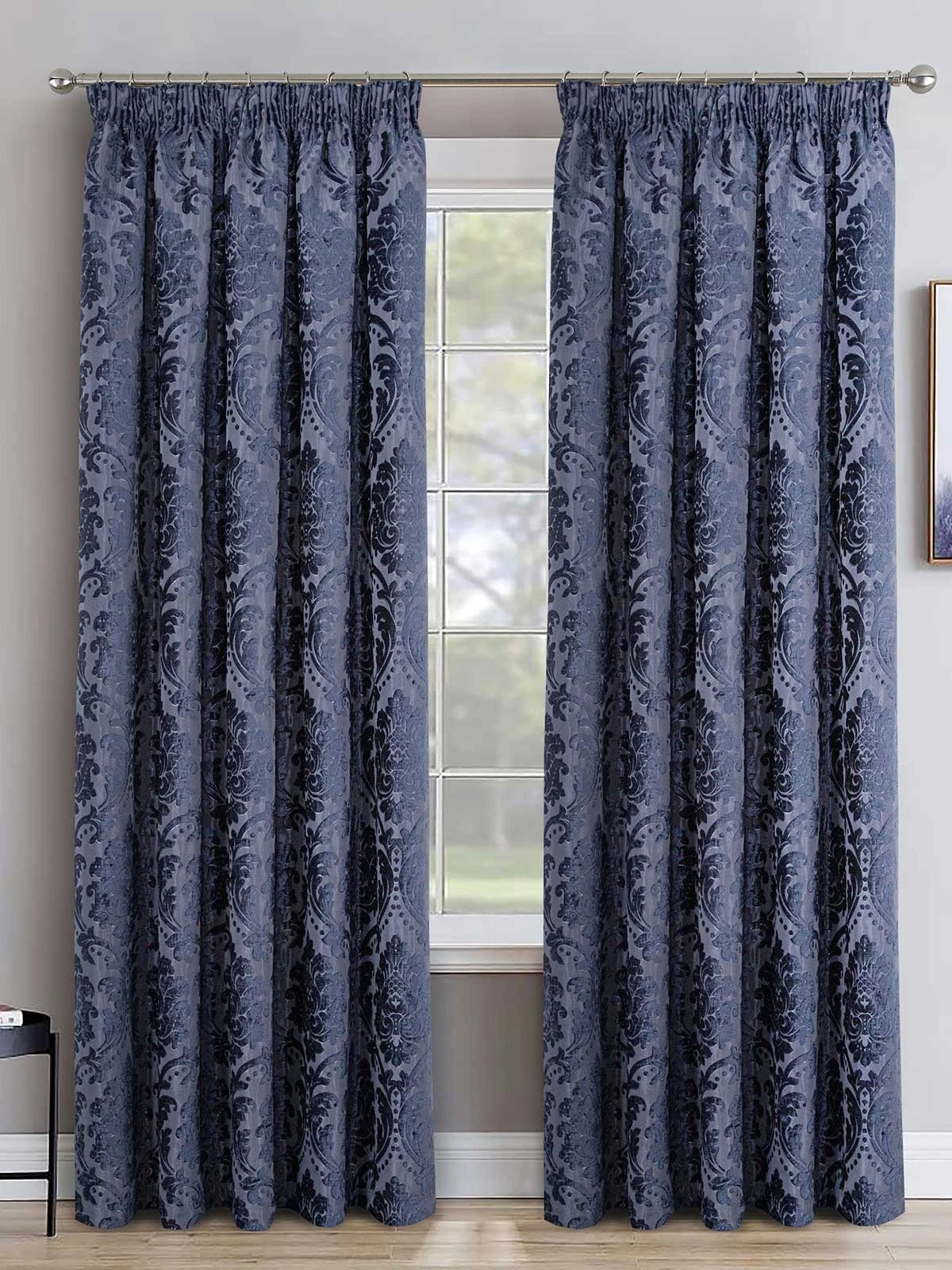 Navy Valencia Jacquard Pencil Pleat Curtains 3 Navy Valencia Jacquard Pencil Pleat Curtains