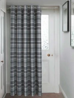Grey Brushed Check Eyelet Door Curtain