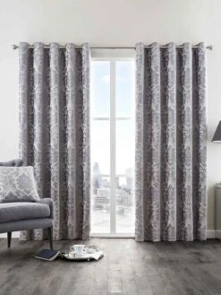 Silver Valencia Jacquard Eyelet Curtains