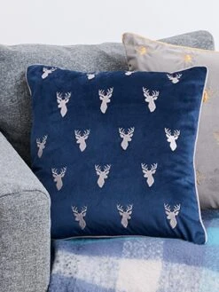 Navy Stag Embroidered Velvet Cushion