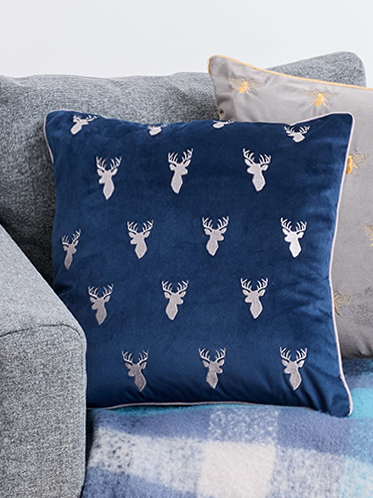 Navy Stag Embroidered Velvet Cushion 3 Navy Stag Embroidered Velvet Cushion