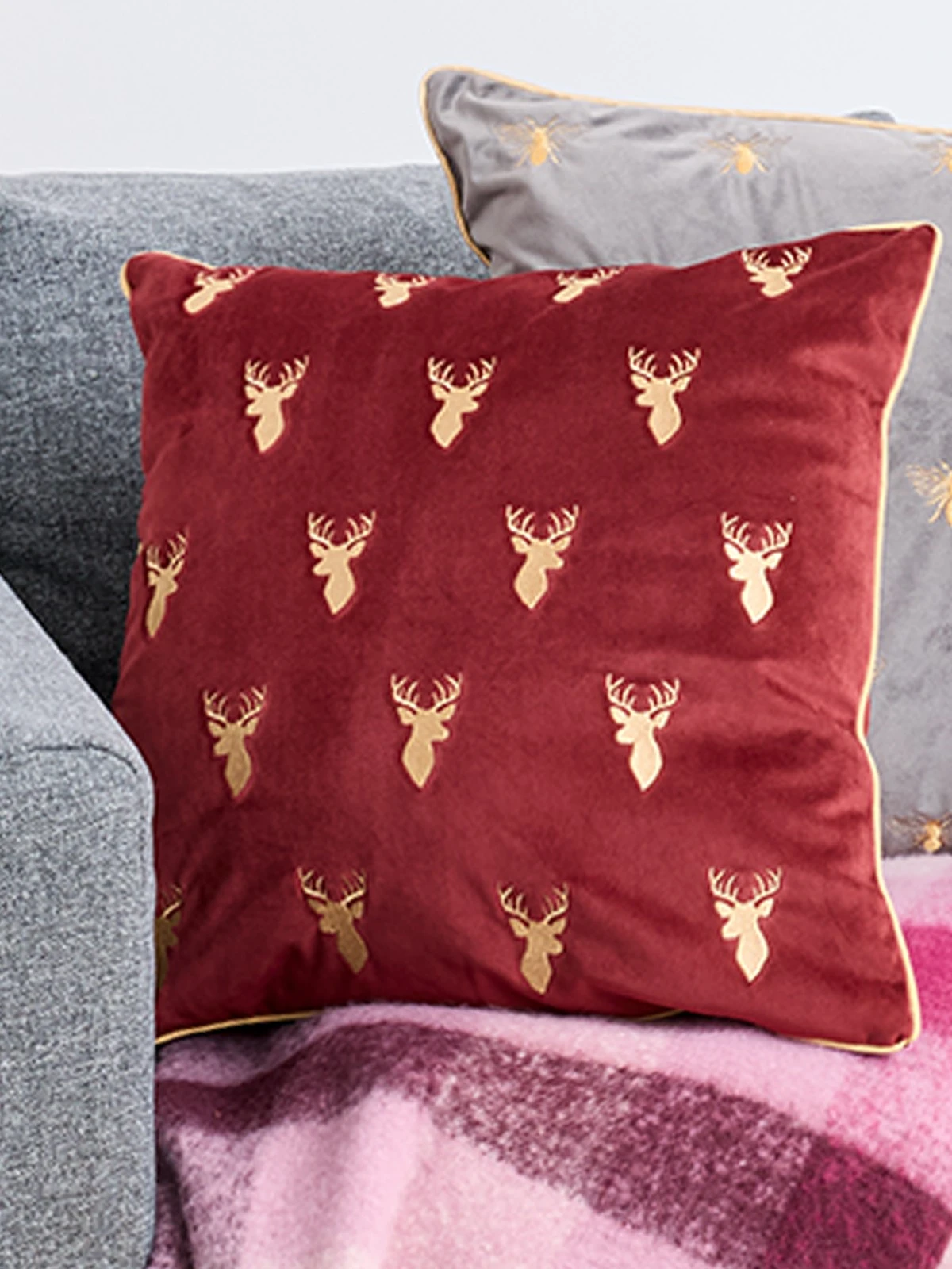 Berry Red Stag Embroidered Velvet Cushion 3 Berry Red Stag Embroidered Velvet Cushion