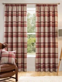 Red Highland Brushed Check Pencil Pleat Curtains