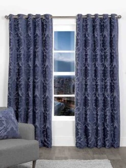 Navy Valencia Jacquard Eyelet Curtains